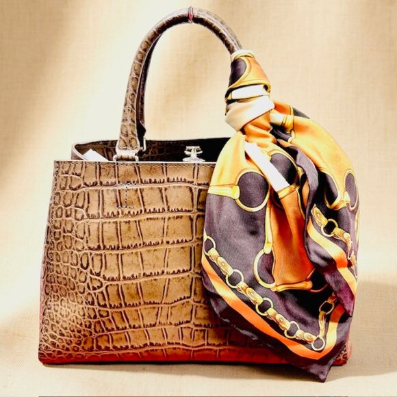 Unused  Cat In The Closet Leather Brown  Alligator Shoulder Bag+FREE Silk Scarf - Picture 2 of 16